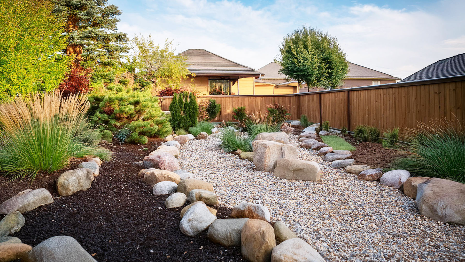 Landscaped yard with river rock, boulders, and a stone patio